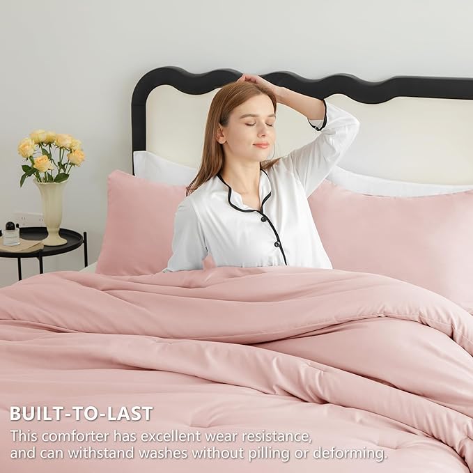 CozyLux Blush Pink Comforter Set Full Size for Girls, 3 Pieces Women Solid Breathable Quilted Boho Style Bedding Sets, Luxury Fluffy Soft Microfiber Comforter & 2 Pillowcases All Season