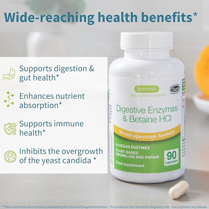 Igennus Fast Action Digestive Enzymes & Betaine HCl, 10 Broad Spectrum Enzymes with Protease, Lipase & Lactase, Papain & Bromelain, Plant-Based Vegan, Clean Label, for Women and Men, 90 Capsules