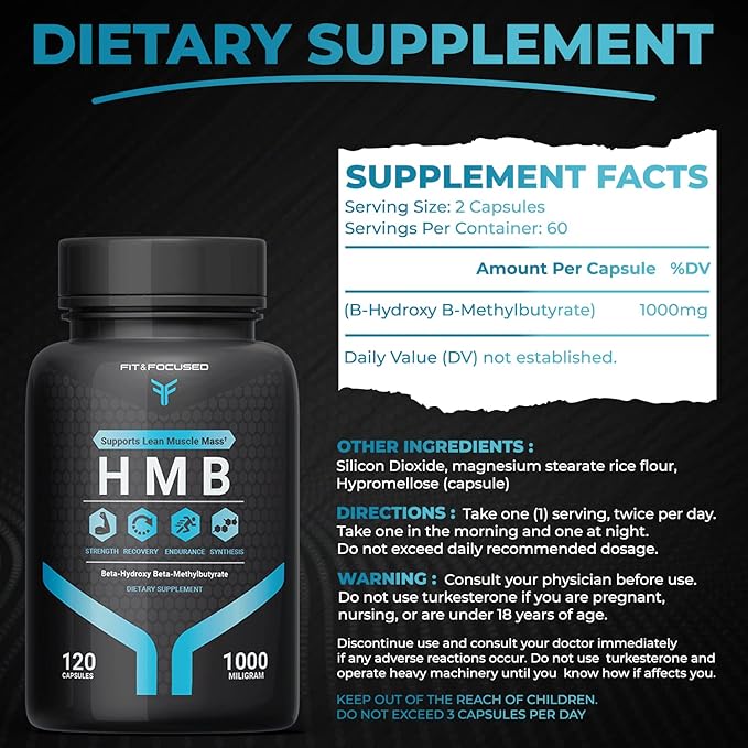 Fit & Focused 1000mg HMB βeta-Hydroxy βeta-Methylbutyrate Supplement, 120 Capsules, Supports Muscle Protein Synthesis & Recovery for Men, Women, Weightlifters, Fitness Enthusiasts & Health Optimizers