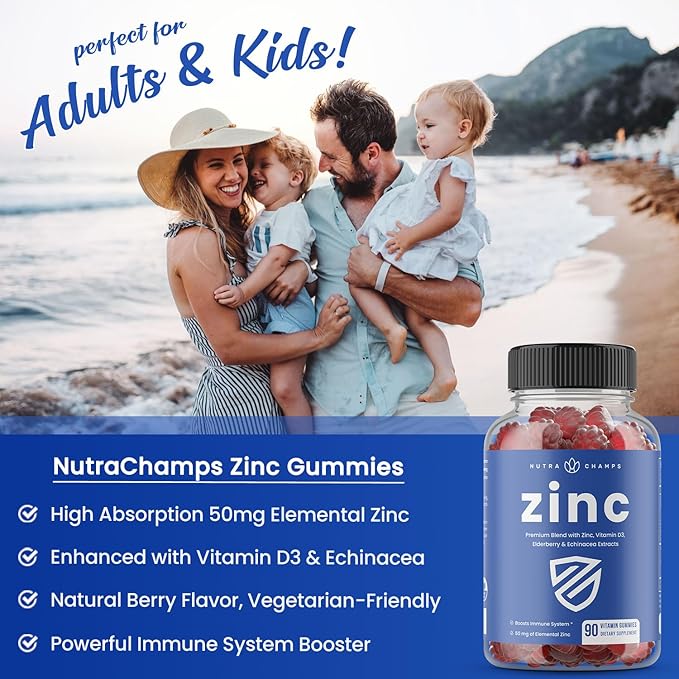 NutraChamps Zinc Gummies | 4-in-1 Zinc Gummies Adult | Zinc Chewable 50mg | Chewable Zinc Supplement Gummies with Vitamin D3 2000 IU, Elderberry & Echinacea | Immune, Heart & Brain Support | 90 Count
