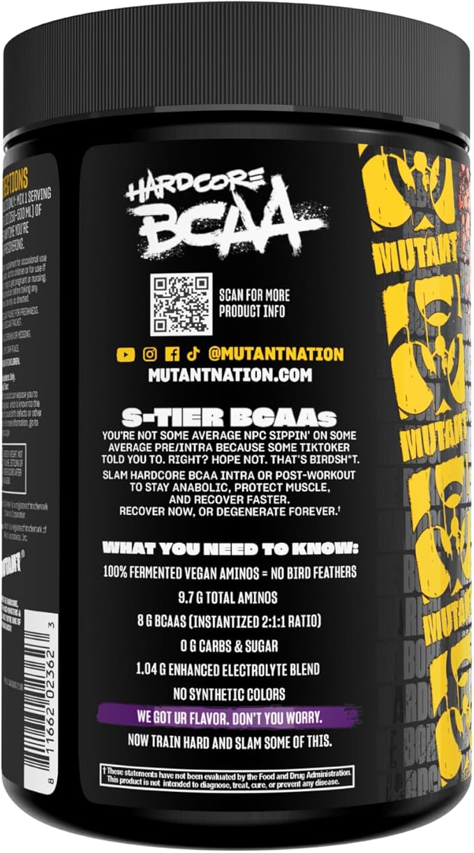 Mutant Hardcore BCAA - Pre, Intra or Post Workout – BCAA Next Level branched-Chain Amino Acids Supplement – Hydration + Recovery - 30 Serving - Grape