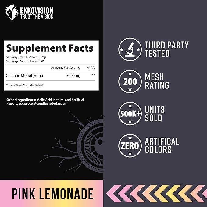 Creatine Monohydrate Powder, Micronized, Pink Lemonade, Pre Workout & Post Workout Supplement for Men and Women, Energy Support, Easy to Mix in Shakes, Smoothies & Beverages, 50 Servings