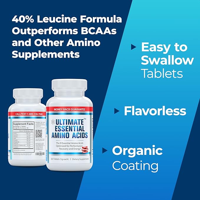 Ultimate 100% Essential Amino Acid Supplement - 3rd Party Tested - 300 Easy-to-Swallow, 1g Coated Tablets - All 9 EAA with 40% Leucine in Optimized BCAA Ratio - Improve Fitness & Performance - Non-GMO