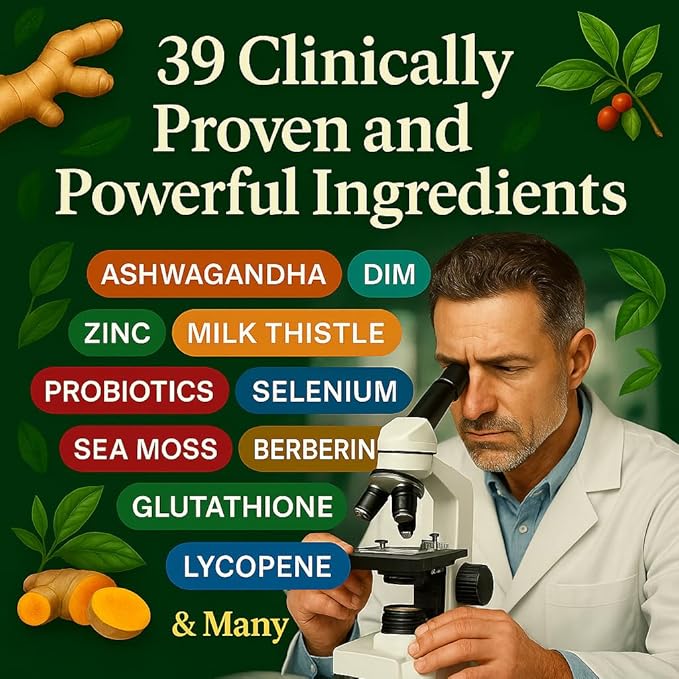 39-in-1 Skin, Gut & Hormone | Cortisol Support – with DIM, Zinc, Probiotics, Ashwagandha, Turmeric & Antioxidants – Clinically-Backed Supplement for Women & Men – Acne, Immune & Detox – 90 Capsules