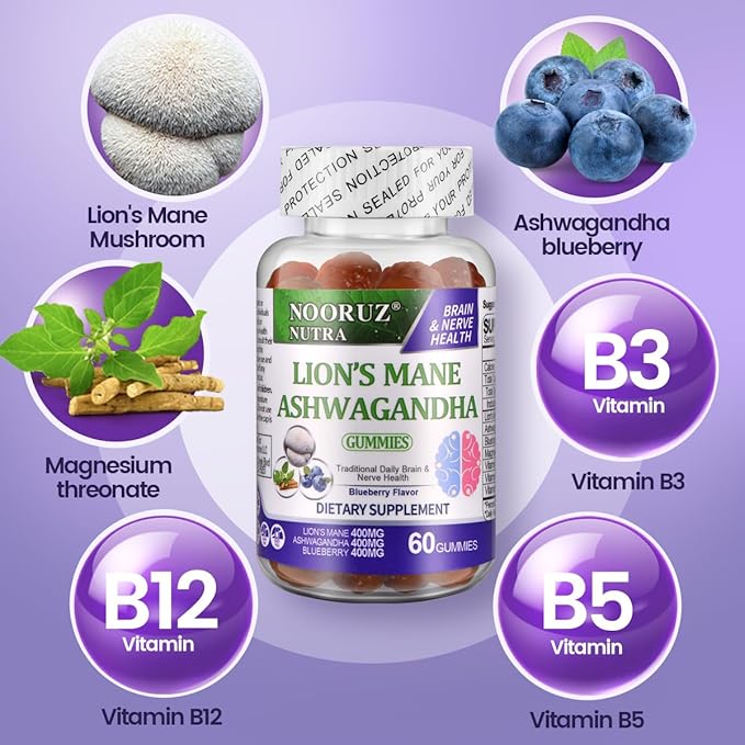 Ashwagandha & Lion's Mane Mushroom& Blueberry Gummies Vegan | Plant-Based Extracts | Non-GMO | Gluten-Free | Gelatin-Free Supports Cognitive and Memory Health