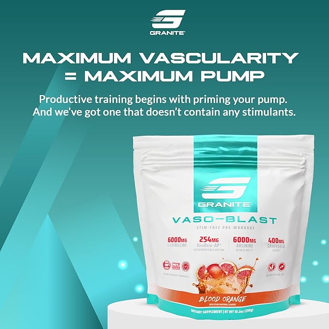 Granite Nutrition Vaso Blast Stim-Free Pre Workout - Non-Stim Nitric Oxide Support for Pump, Physique, and Muscle Capacity - Blood Orange (290g)