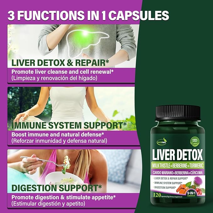 Berberine with Milk Thistle Liver Detox Capsules, Berberina y Alcachofa y Cardo Mariano con Silimarina para el Higado Graso, Liver Cleanse Detox & Repair Formula w/Turmeric Extract. 120Count