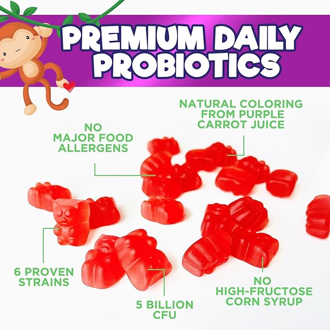 Kids Probiotic Gummies - Chewable Daily Probiotics for Kids Ages 3+ - Natural Digestive Health & Immune Support Vitamin - Vegan, Gluten Soy & Dairy Free, Berry Flavored, Shelf Stable - 60 Gummies