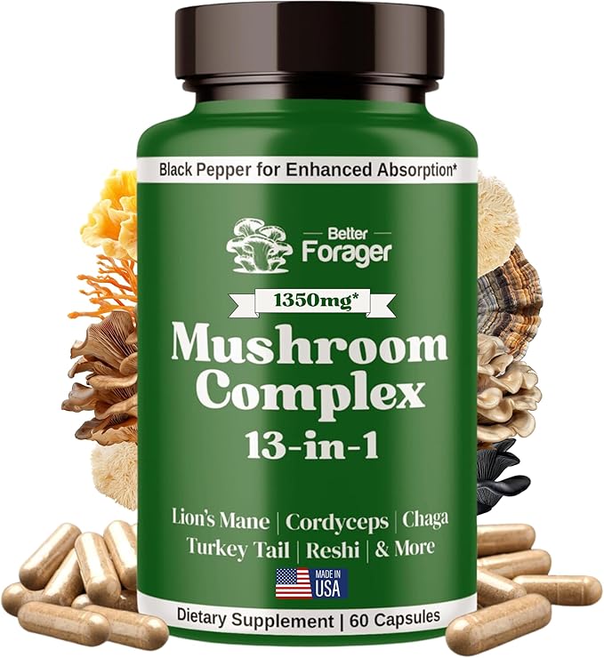 Mushroom Complex Capsules, 13-in-1 Mushroom Supplement, Lion's Mane, Reishi, Cordyceps, & More, Promotes Focus, Clarity, & Memory, Extract Supplement, 1 Month Supply, 60 Count