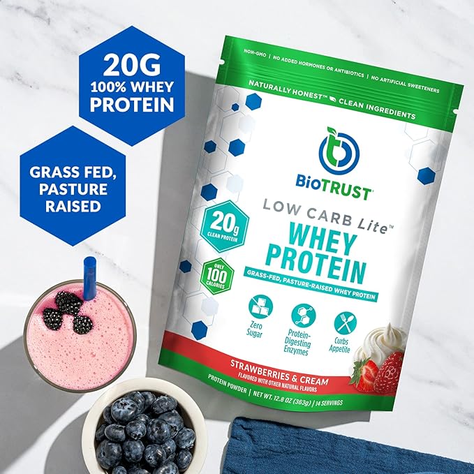 BioTrust Low Carb Lite, 20 Grams of Grass-Fed Whey Protein Isolate, 100 Calories, ProHydrolase Digestive Enzymes, Non-GMO, Free from Soy and Gluten, rBGH-Free (14 Servings) (Strawberries and Cream)
