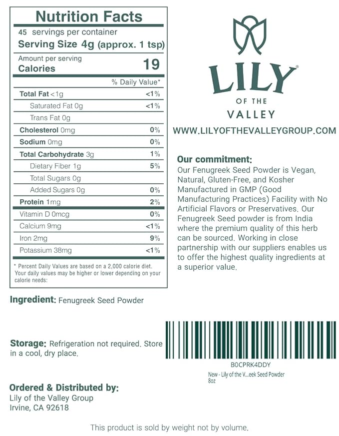 Lily of the Valley Fenugreek Seed Powder - 100% Raw Methi Seeds Ground - Ideal for Cooking & Meat Seasoning - Trigonella Foenum Graecum - Gluten Free - Packed in Resealable Ziplock Pouch (8oz, 226g)
