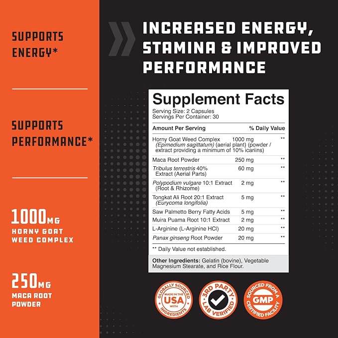 Testosterone Supplement for Men - Testosterone Booster for Men with Horny Goat Weed, Maca Root, Tongkat Ali & Tribulus Terrestris - Energy Support, Performance Enhancer, Muscles Building - 60 Capsules
