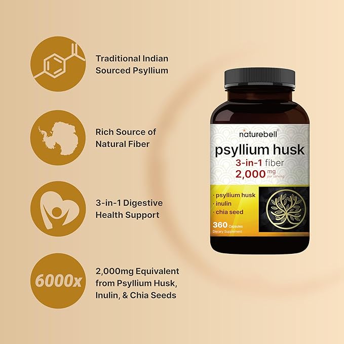 NatureBell Psyllium Husk Capsules 2,000mg Per Serving, 360 Count, with Inulin & Chia Seed – Soluble Fiber for Digestion – Plant Based Herbal Fiber Supplement, Non-GMO, Gluten Free