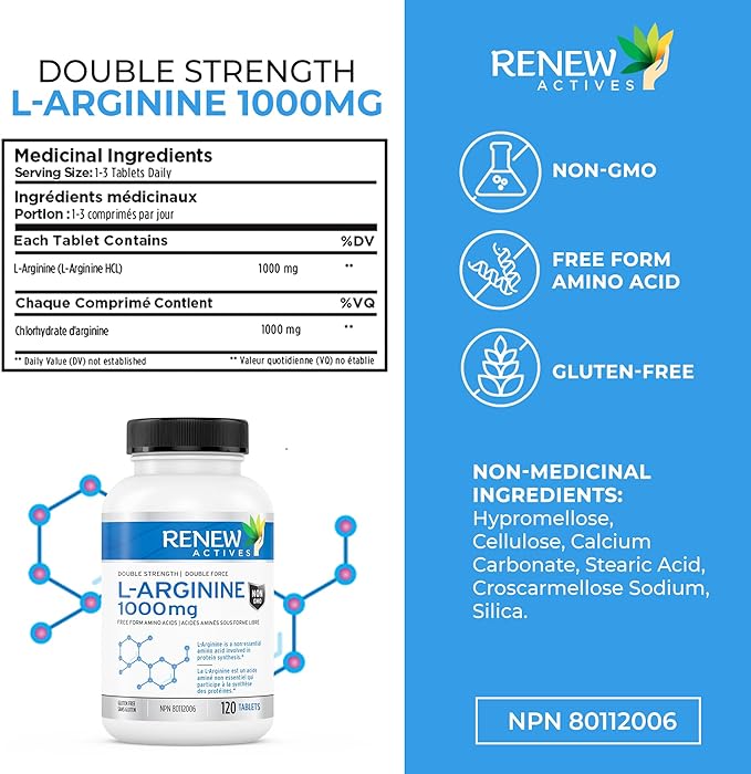Renew Actives L-Arginine Supplement 1000MG for Serving - Strength & Endurance, Essential for Protein Synthesis & Muscle Function, Physical Performance Booster - Made in Canada - 120 Tablets