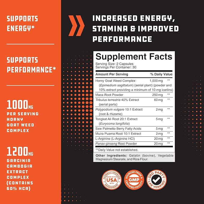 Testosterone Supplement for Men - Testosterone Booster for Men with Horny Goat Weed, Maca Root, Tongkat Ali & Tribulus Terrestris - Energy Support, Performance Enhancer, Muscles Building - 60 Capsules