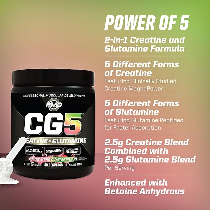 PMD Sports CG5 Premium Creatine & L Glutamine Powder, Power Recovery, Build Lean Muscle, Increase Workout Performance, Maximum Strength Pre Workout & Post Workout, Strawberry Watermelon, 30 Servings