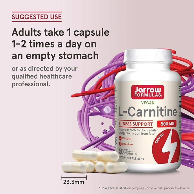 Jarrow Formulas® L-Carnitine 500 mg, Dietary Supplement, Support for Cellular Energy Production, 50 Veggie Capsules, 50 Day Supply