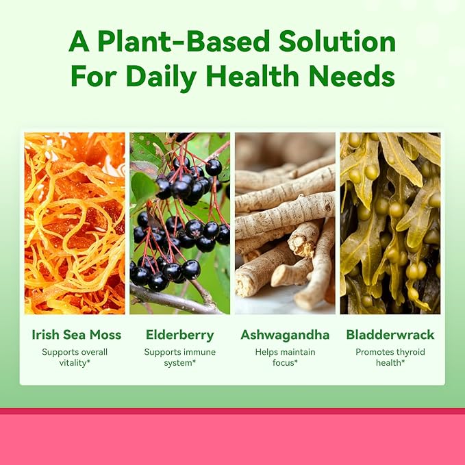 Irish Sea Moss Gummies with Ashwagandha, Elderberry, Apple Cider Vinegar, Bladderwrack, Burdock Root & Black Seed for Immune Support – Mixed Berry Flavor, 60 Count