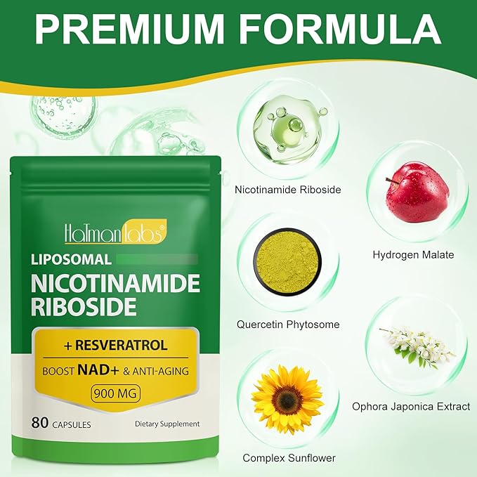 NAD Supplement - Liposomal Nicotinamide Riboside 900mg, Resveratrol, Quercetin - High Purity NAD Supplement for Energy, Support Cellular Health, Stamina & Healthy Aging - Ultra Strength 80 Capsules