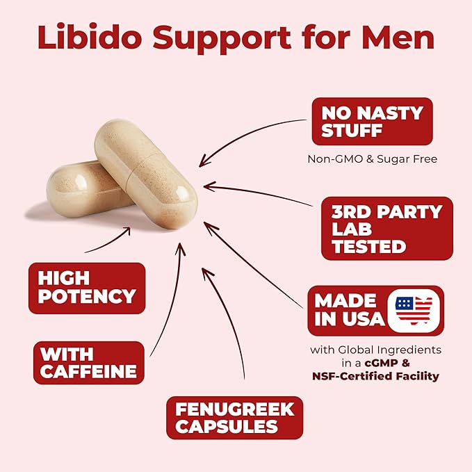 Libido Support For Men: Testosterone Supplement for Men with Fenugreek, Maca Root, Tongkat Ali, Horny Goat Weed, Tribulus. Male Enhancing Supplement, Testosterone Support, Muscle Builder - 30 Capsules