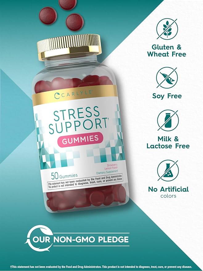 Carlyle Stress Support Gummies | 50 Count | with GABA and L-Theanine | Strawberry Lemon Flavor | Non-GMO, Gluten Free Supplement