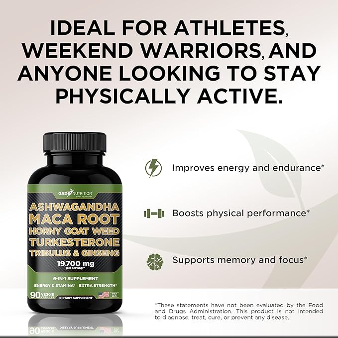 Gade Nutrition Ashwagandha with Maca Root, Horny Goat Weed, Turkesterone, Tribulus Terrestris, Panax Ginseng + Nitric Oxide Booster - Bundle for Energy, Vitality, Performance, Pump
