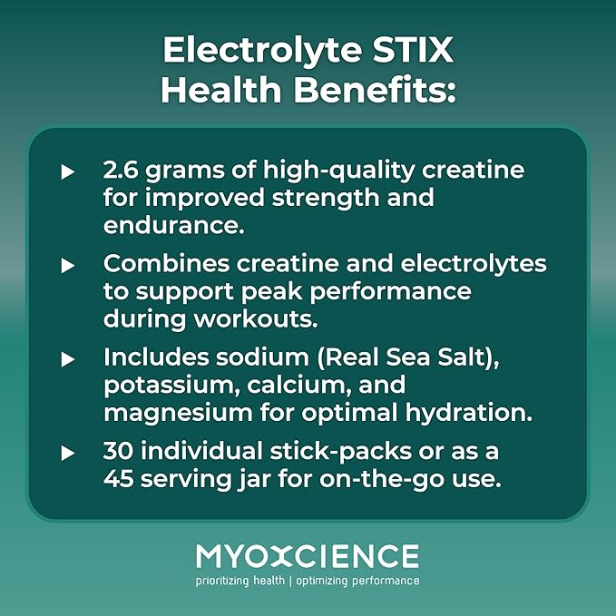 MYOXCIENCE Electrolyte STIX | Creatine Electrolyte Powder | Recovery from Exercise & Muscle Development w/Real Salt (Unflavored) (Jar 45 ct)