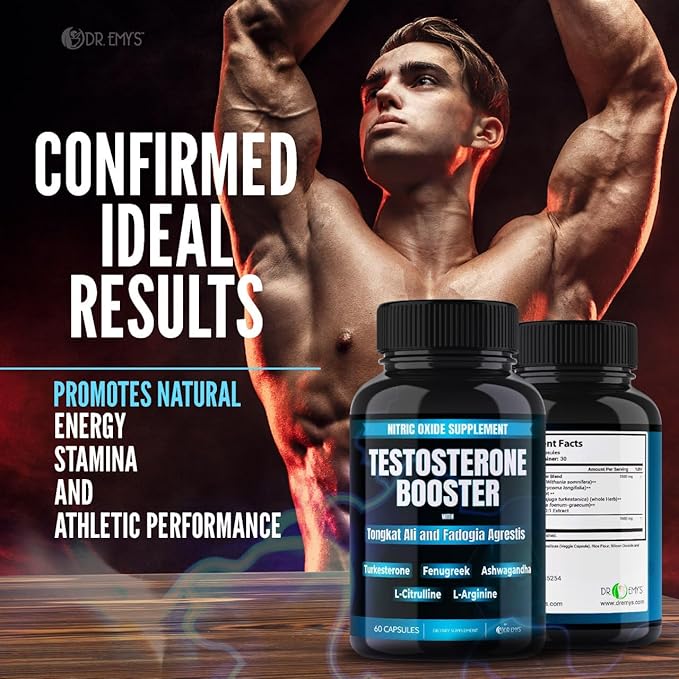 Dr. Emy's (1 Pack Testosterone Booster-Tongkat Ali Fadogia Agrestis Nitric Oxide Ashwagandha Supplement for Men with L Arginine Citrulline Fenugreek - Turkesterone Pre Workout Pump (60 Capsules)
