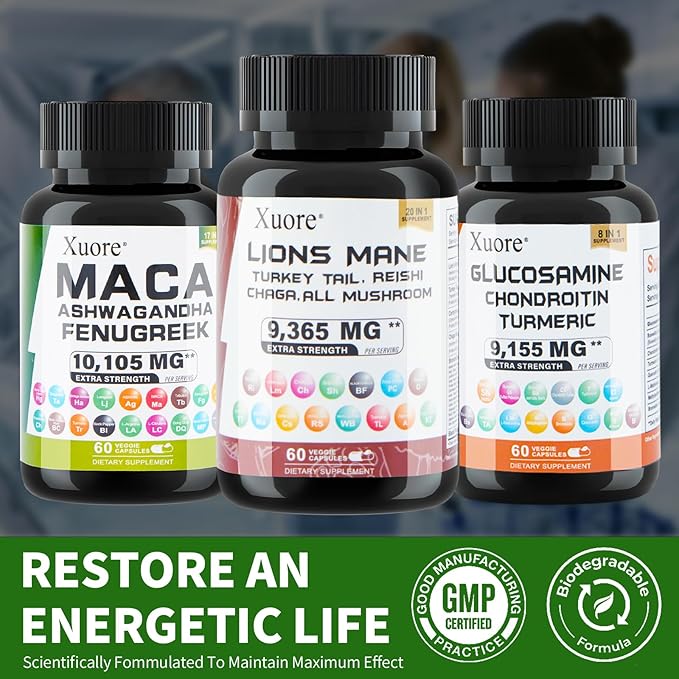 Bundle of Glucosamine,Maca,Lions Mane, Black Seed Oil, Ashwagandha, Ginger & Rhodiola Rosea, Panax Ginseng, Turkey Tail, Reishi, Cordyceps, Chaga All in 1 Supplements (1 Pack)