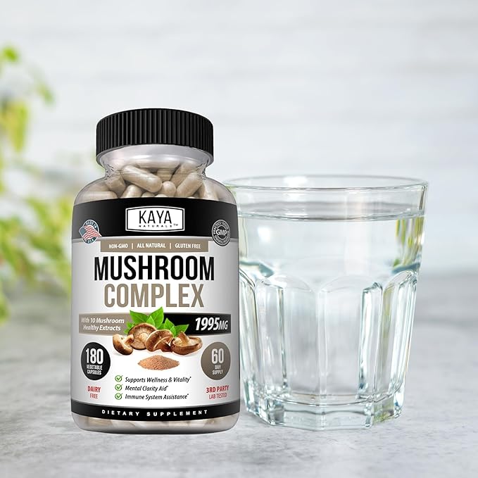 Kaya Naturals Premium Mushroom Complex Potent - Mushroom Supplement - Mushroom Complex Capsules 1995mg Per Serving - Aids Mental Clarity Supports Immune System, Wellness & Vitality - 180 Count
