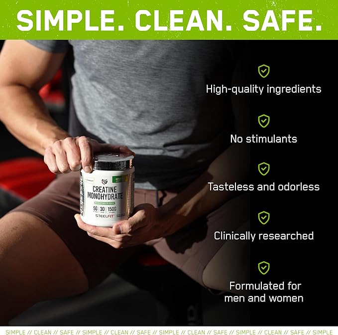 SteelFit Creapure Creatine Monohydrate Powder, Unflavored - German Micronized Creatine Powder for Men & Women - Gym Workout Nutritional Supplements for Muscle Gain, Brain Health & Strength Building