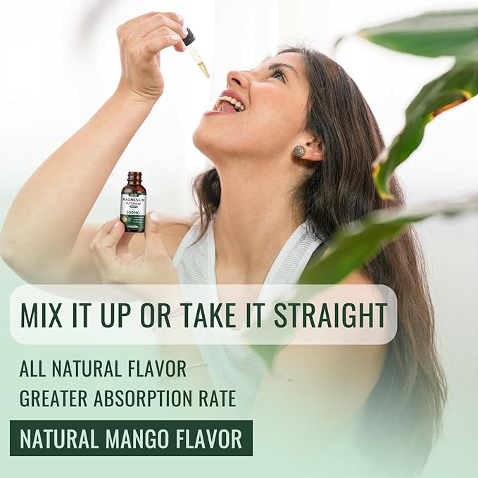 Magnesium Glycinate Supplement, Magnesium Liquid Drops with Magnesium Glycinate 500mg Ashwagandha, L - Theanine, Chamomile -Support Stress Relief, Bone, Muscle, Mood Vegan Natural Mango Flavor 2 Pack