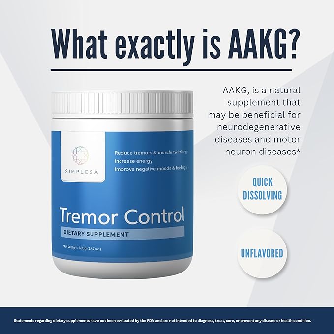 Simplesa Tremor Control, L-Arginine Alpha-Ketoglutarate Supplement, Includes GABA, Ubiquinol, and Niacin, 360g AAKG Powder Supplement, Supports Tremor Control, and Muscle Health
