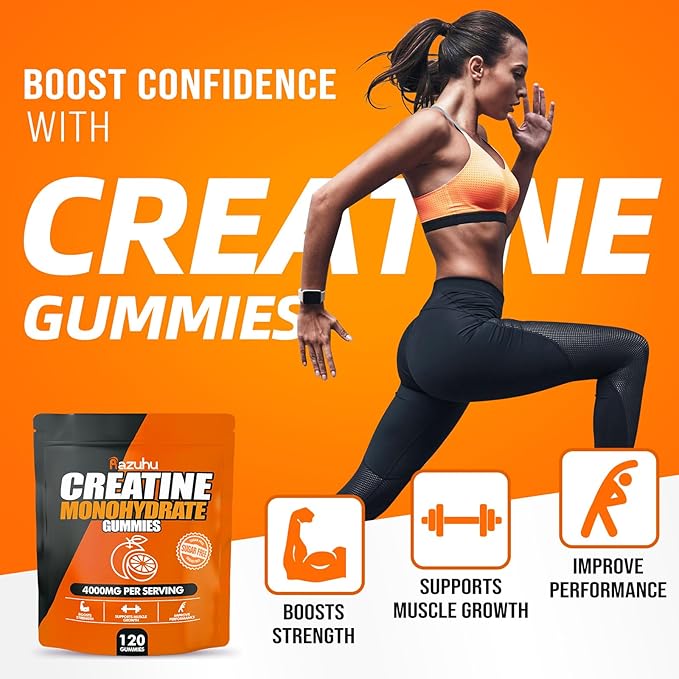 Creatine Monohydrate Gummies for Men & Women, 4g of Creatine Monohydrate per Serving for Maximum Power Strength, Performance, Sugar Free, Vegan, Pre-Workout Supplement(120 Count)-Orange