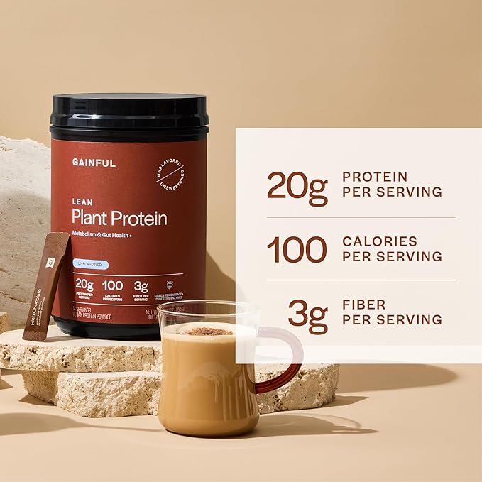 Gainful Lean Plant Protein Powder, 20g Plant Protein per Serving, Unflavored, Supports Lean Muscle, Metabolism, & Satiety, with Green Tea Extract, Digestive Enzymes, Organic Fiber, Vegan, 14 Servings