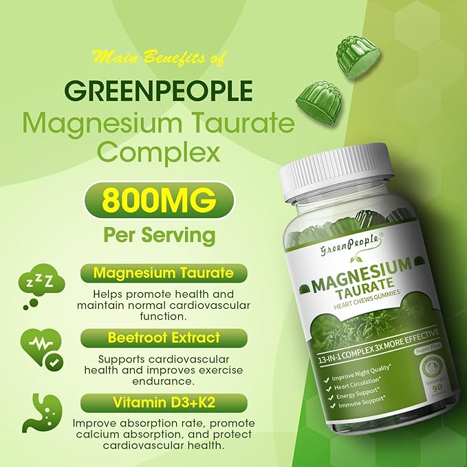 Magnesium Taurate Gummies, 13-in-1 Complex - Beetroot, Alpha Lipoic Acid, Cinnamon, Heart Support, Good Sleep, Sugar Free, High Absorption Magnesium Supplement, Matcha Flavor, 90 Gummies