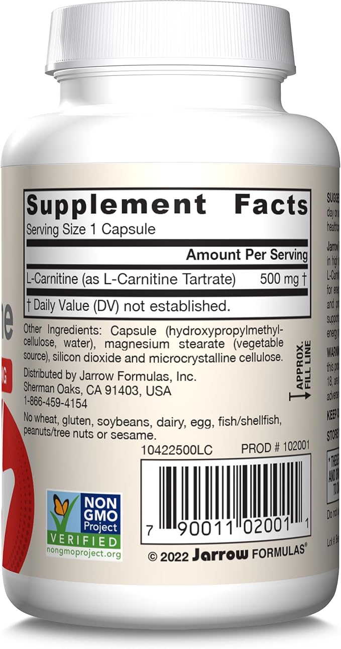 Jarrow Formulas® L-Carnitine 500 mg, Dietary Supplement, Support for Cellular Energy Production, 50 Veggie Capsules, 50 Day Supply