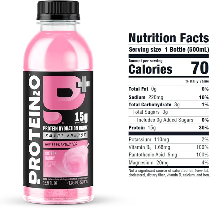 Protein2o 15g Whey Protein Isolate Hydration Drink Plus Energy & Focus, 350mg of Electrolytes, Vitamins B5 & B6, Sugar Free, Cotton Candy, 16.9 oz Bottle (Pack of 12)