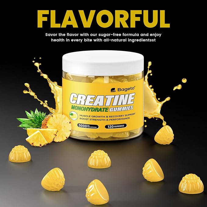 Creatine Monohydrate Gummies 5g for Men Women,Sugar Free Chewables Creatine Pre-Workout for Muscle Strength, Pineapple Flavor, 120 Count