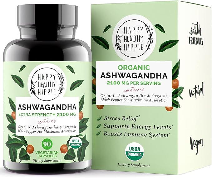 Organic Ashwagandha Capsules 2100mg – Stress Relief Supplement – Extra Strength, 100% Herbal, Energy, Mood & Cortisol Manager, Includes Black Pepper for High Absorption – Non-GMO, 90 Ct
