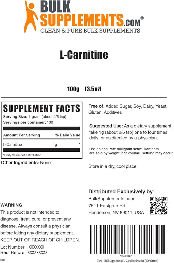 BulkSupplements.com L-Carnitine Powder - Carnitine Supplement, Amino Acid Supplement - Unflavored & Gluten Free, 1g per Serving, 100g (3.5 oz) (Pack of 1)