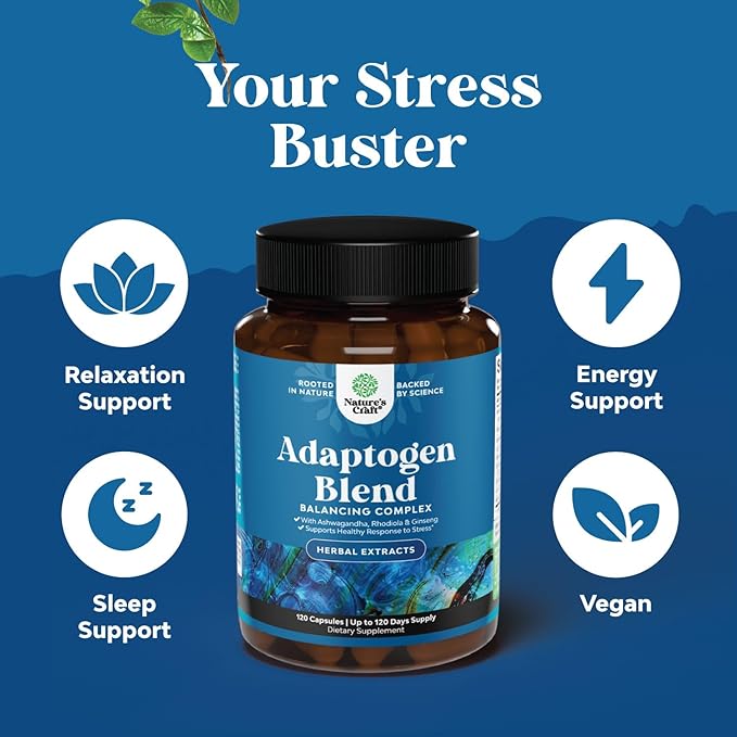 Herbal Adaptogen Mood Support Supplement - Calming Adaptogens Supplement for Stress & Cortisol Management with Ashwagandha Rhodiola Rosea & Maca Root - Vegan Non GMO & Daytime Friendly -120ct