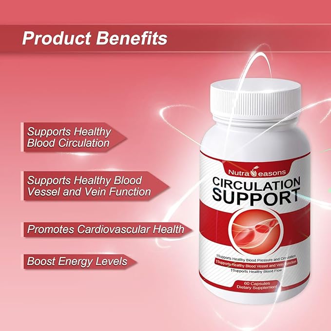 Circulation Support, 7-in-1 Blood Pressure Support w/VIT C, E, K2, Ginko Bilboa, Garlic, L-Arginine, Nattokinase, Energy, Heart Health, Muscle Growth, Healthy Veins & Vessels, 60 Count