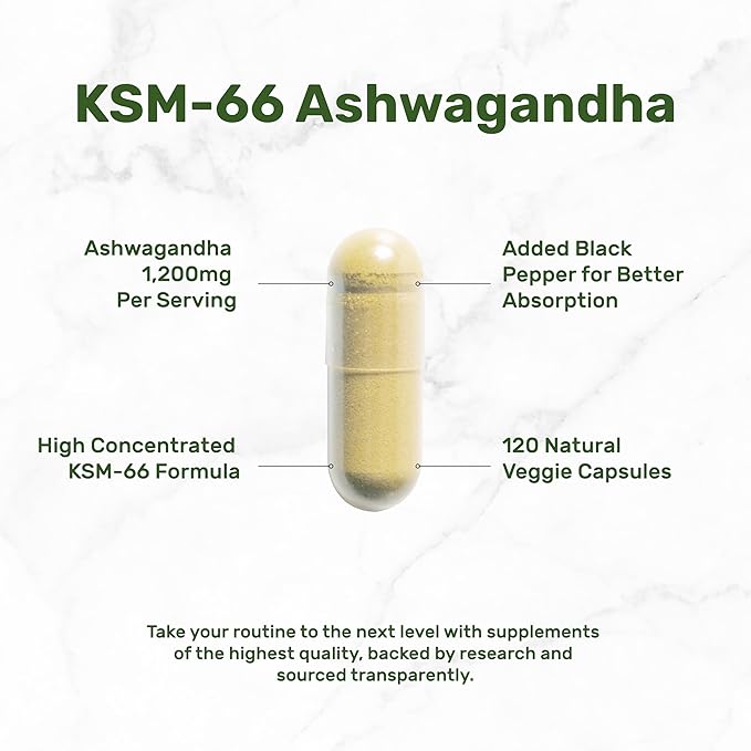 KSM 66 Ashwagandha 1,200mg with Black Pepper, 120 Veggie Capsules – Extra Strength Root Extract – High Absorption – Adaptogenic Supplements for Relaxation, Energy, & Brain Health – Non-GMO