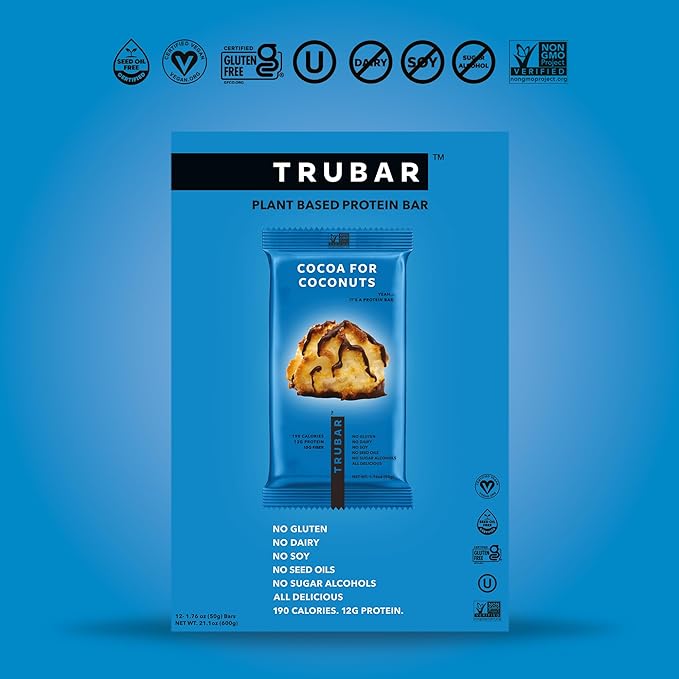 TRUBAR Vegan Protein Bar, Cocoa For Coconuts, Gluten Free, Plant Based Protein, Dairy Free, Non GMO, Soy Free, No Sugar Alcohols, 12G Protein, 12G Fiber, 23G Carb, On the Go Snack Bars, 12ct