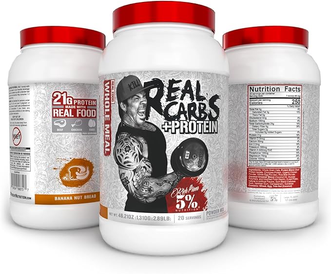 5% Nutrition Rich Piana Real Carbs + Protein | Clean Mass Gainer Meal Replacement Protein Powder | Carbohydrate for Pre Workout/Post-Workout Recovery Meal | 2.87 lb, 20 Srvgs (Banana Nut Bread)
