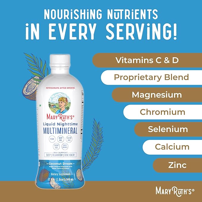 MaryRuth's Liquid Nighttime Multimineral | NO Melatonin | Bedtime Routine | Magnesium Citrate | Calcium | Zinc | Vitamin D3| Available in 4 Flavors | Vegan | Sugar Free | Gluten Free | 32 Oz
