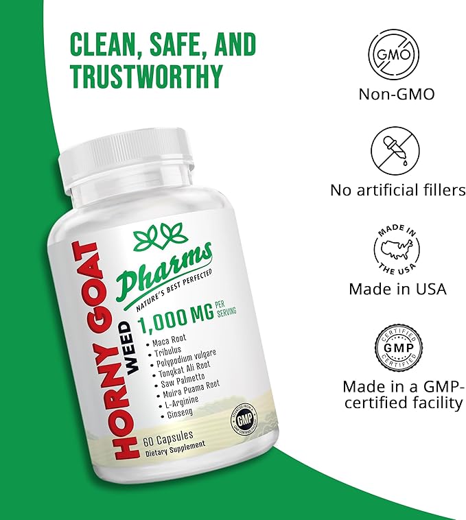 PHARMS Hornygoatweed for Men & Women (1,000 mg) - Energy & Stamina Capsules with Maca Root, Tribulus, Tongkat Ali, Saw Palmetto & Ginseng - Female & Male Performance Enhancing Supplement - 60 Capsules