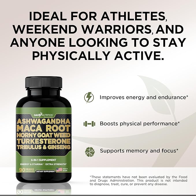 Gade Nutrition Ashwagandha with Maca Root, Horny Goat Weed, Turkesterone Supplement, Tribulus Terrestris, Panax Ginseng | 90 Vegetable Capsules for Energy, Stamina, Performance. | Made in USA
