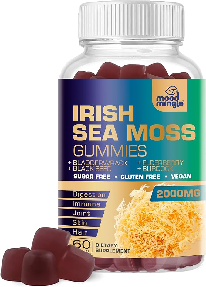 Irish Sea Moss 2000mg Gummies - Bladderwrack Burdock Elderberry Black Seed Turmeric Omega-3 Vitamins C D3 Zinc - Seamoss Supplements for Adults Kids - Vegan Sugar Gluten Free Chewable Gummy